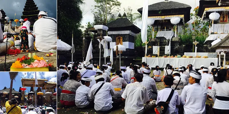 besakih temple canang and people